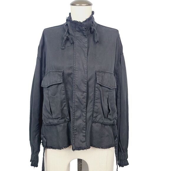 Dear John Bomber Jacket XS Black Chambray Full Zip Frayed Raw Edges‎ Pockets - Picture 1 of 9